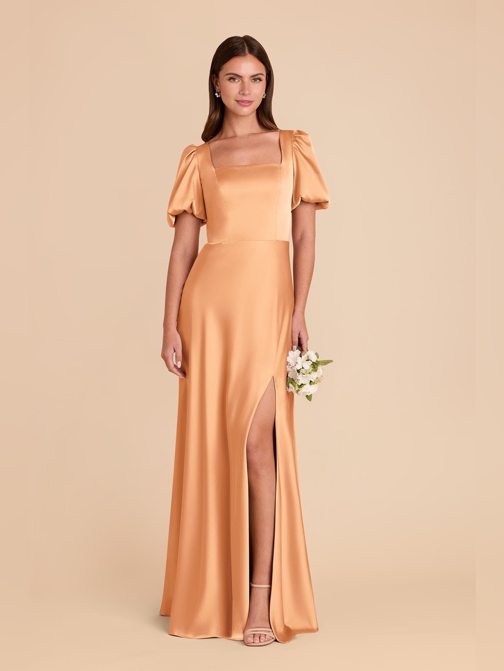 Birdy Grey Peach Satin Square-Neck Maxi Dress with Puff Sleeves